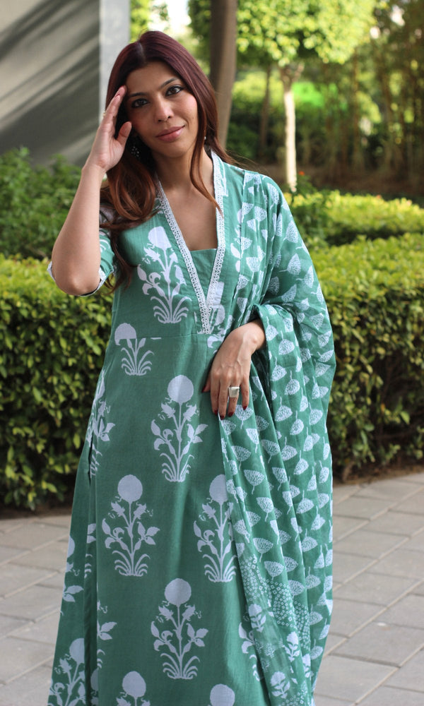 Cotton Block Print Pastel Green Suit Set with Lace Detailing and Cotton Dupatta - Baareeki