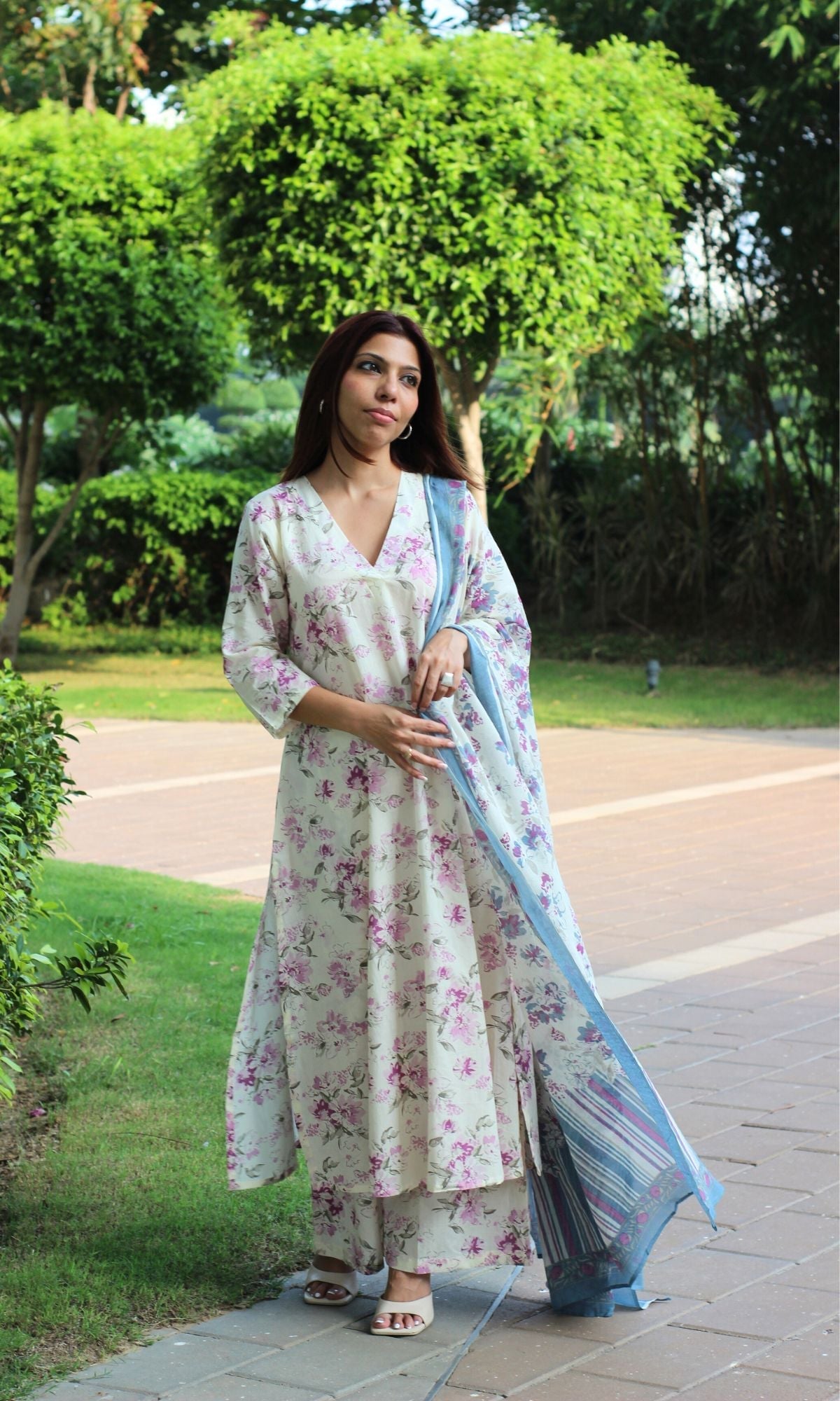 Cotton Bloom Story V Neck A - line Kurta and Palazzo with Printed Dupatta - Baareeki