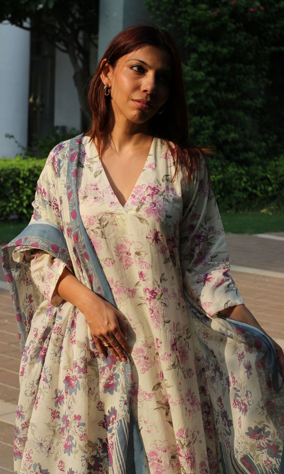 Cotton Bloom Story V Neck A - line Kurta and Palazzo with Printed Dupatta - Baareeki