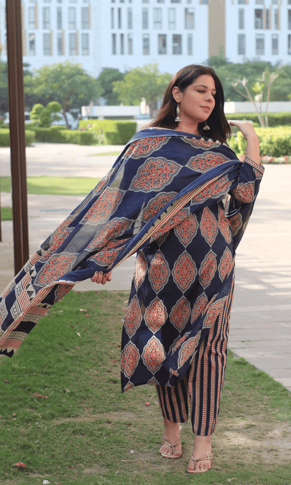 Cotton Blue Geometric Ajrakh Print Suit with Cotton Printed Dupatta - Baareeki