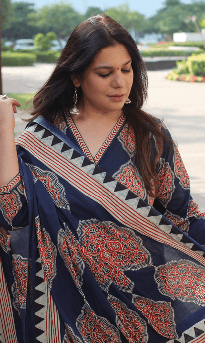 Cotton Blue Geometric Ajrakh Print Suit with Cotton Printed Dupatta - Baareeki