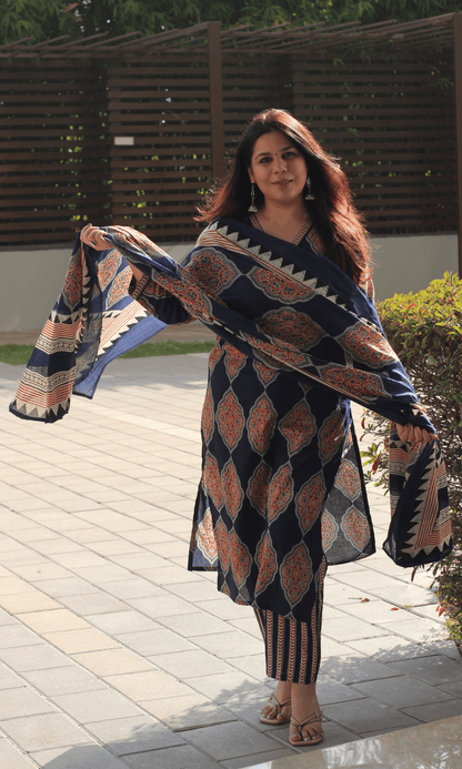 Cotton Blue Geometric Ajrakh Print Suit with Cotton Printed Dupatta - Baareeki