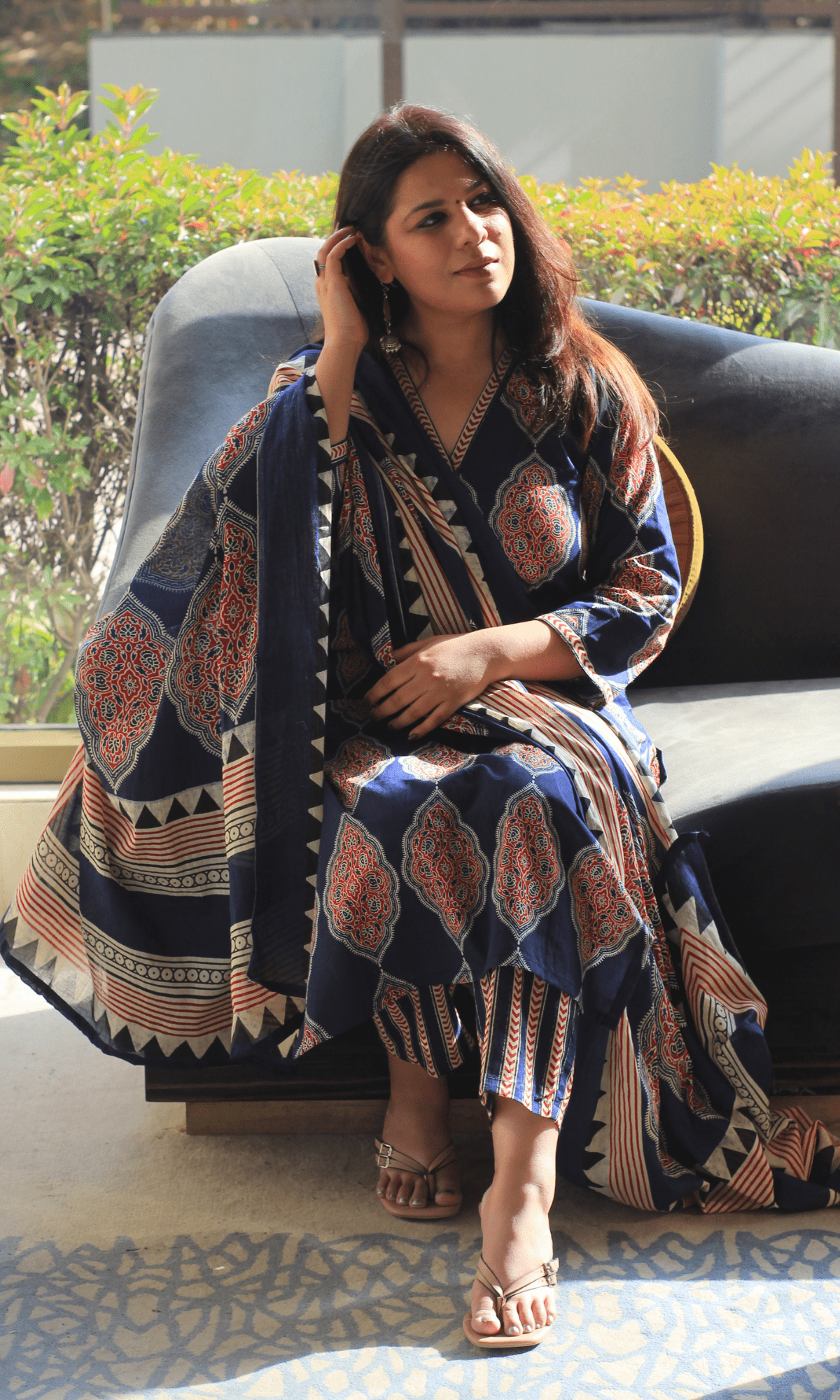 Cotton Blue Geometric Ajrakh Print Suit with Cotton Printed Dupatta - Baareeki