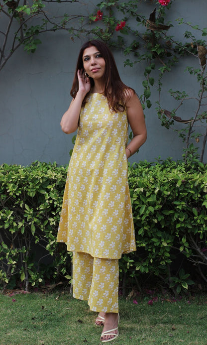 Cotton Boat Neck Yellow and White Coord Set - Baareeki