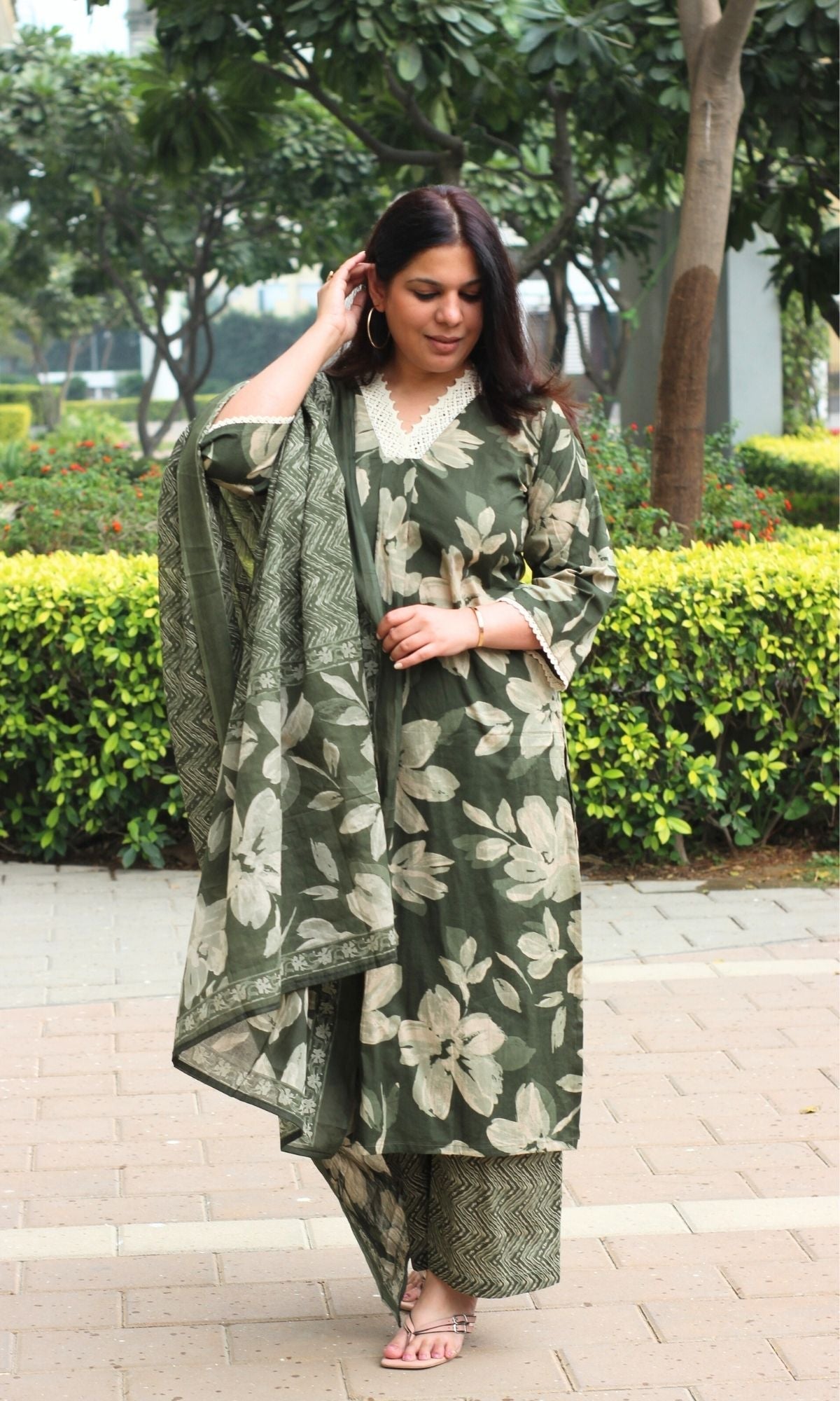 Cotton Bottle Green Floral A Line Suit with Lace Detailing & Palazzo with Dupatta - Baareeki