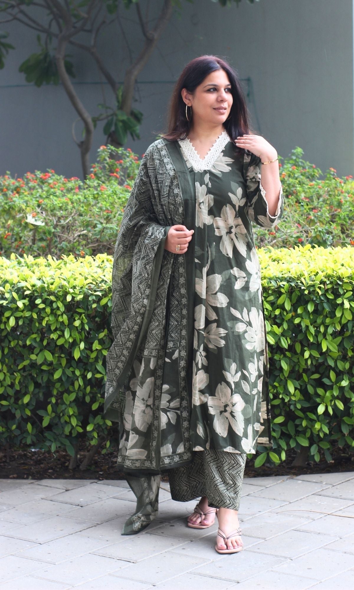 Cotton Bottle Green Floral A Line Suit with Lace Detailing & Palazzo with Dupatta - Baareeki