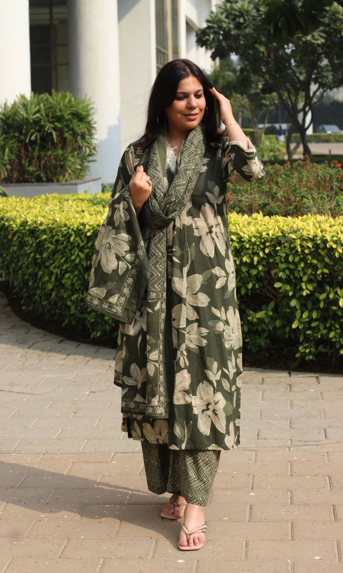 Cotton Bottle Green Floral A Line Suit with Lace Detailing & Palazzo with Dupatta - Baareeki