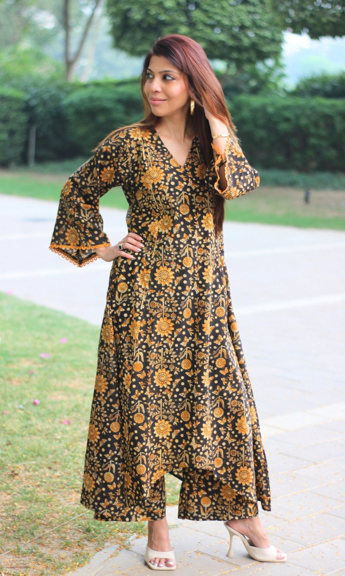 Cotton Brown & Mustard Handblock Kalamkari High Low Kurta & Palazzo - Baareeki