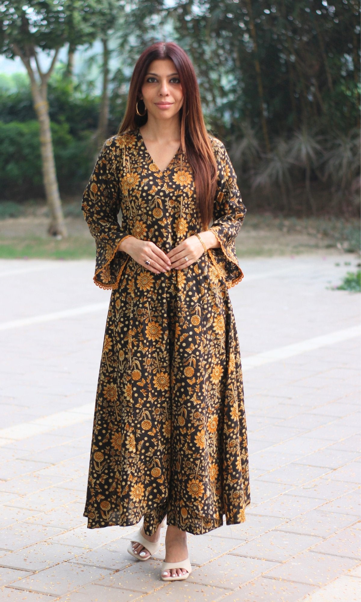 Cotton Brown & Mustard Handblock Kalamkari High Low Kurta & Palazzo - Baareeki