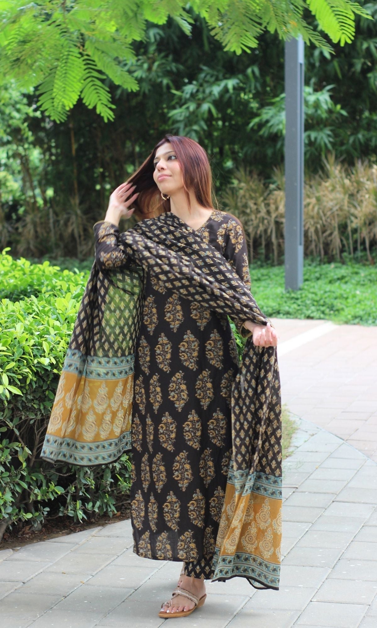 Cotton Brown & Mustard Mughal Suit Set and Printed Dupatta - Baareeki