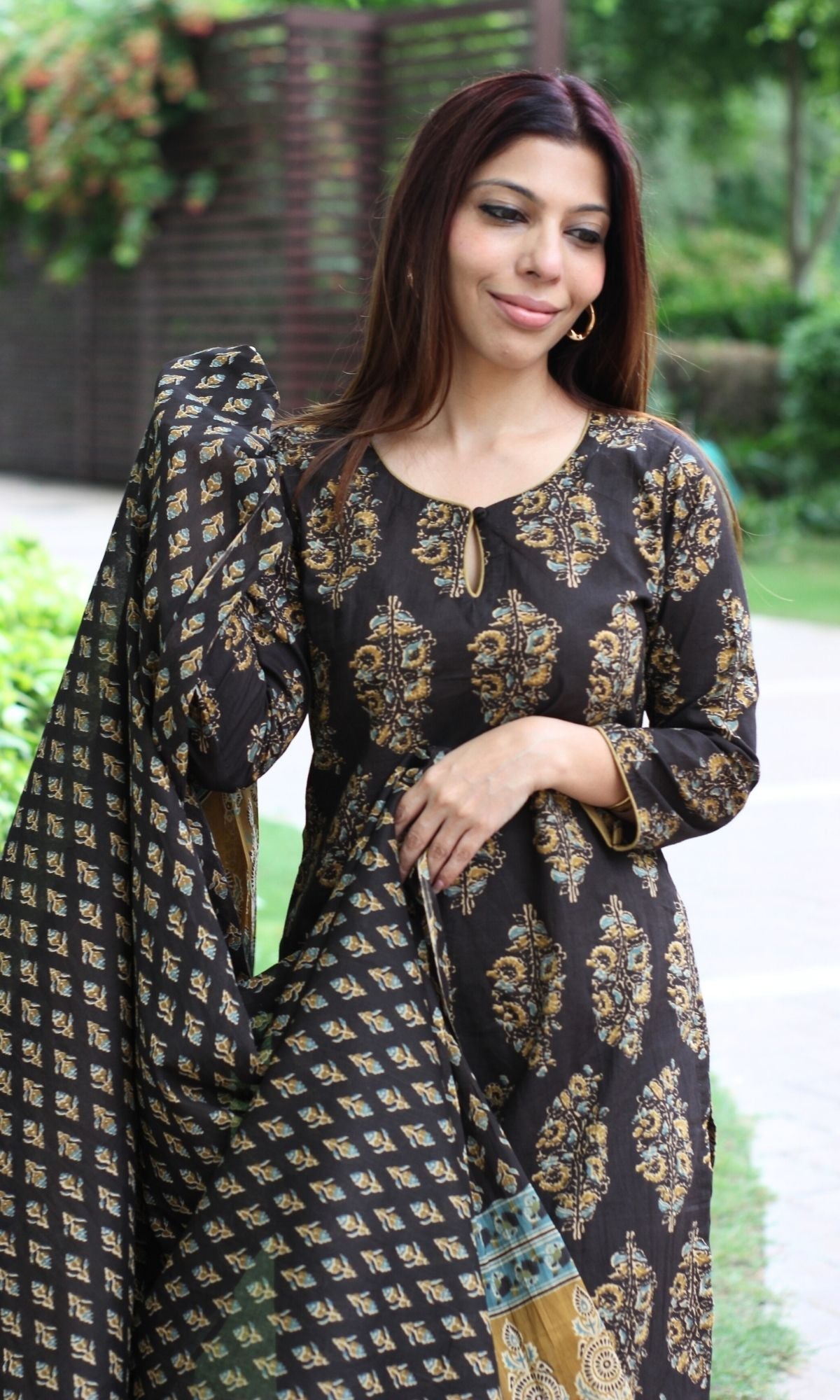 Cotton Brown & Mustard Mughal Suit Set and Printed Dupatta - Baareeki