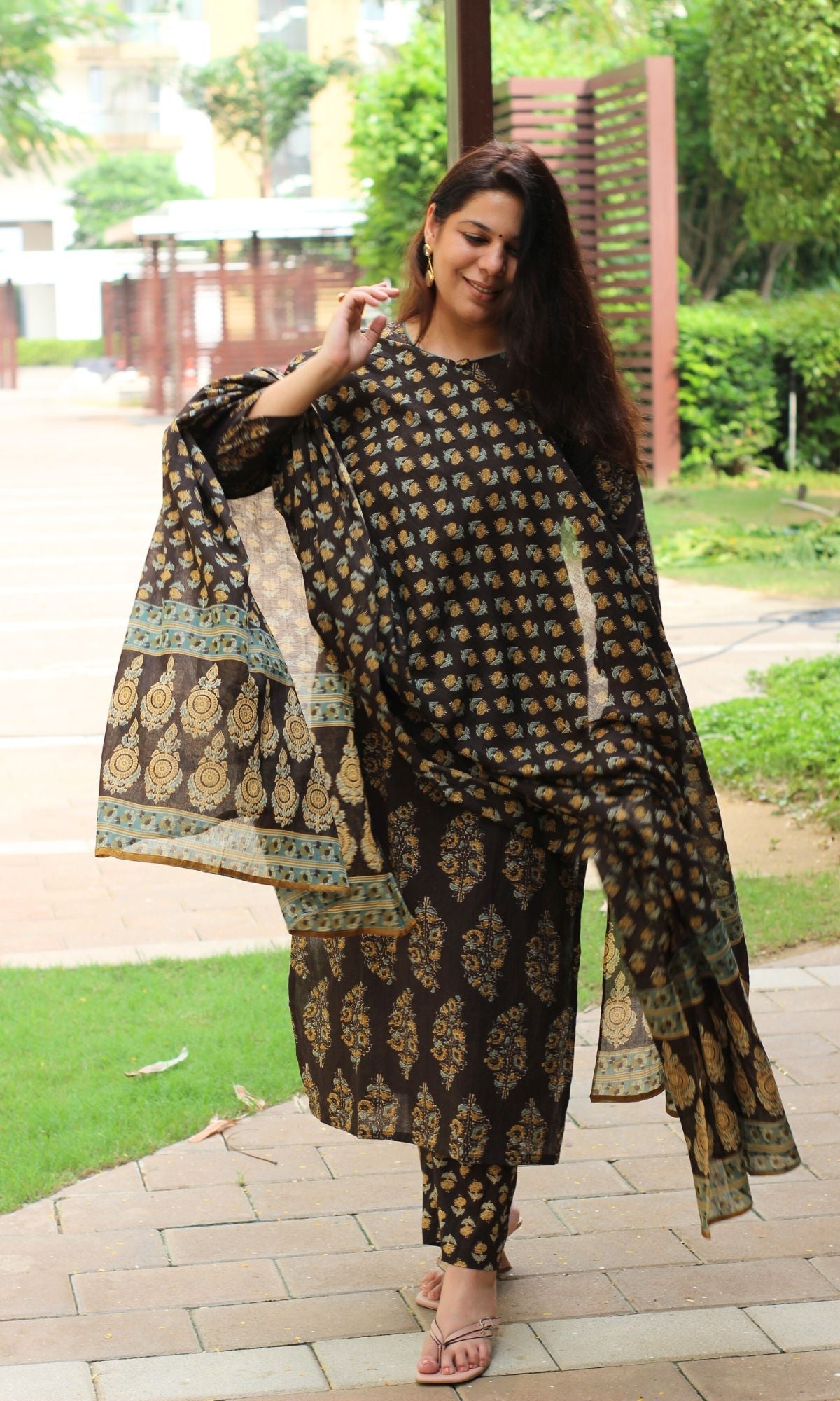 Cotton Brown & Mustard Mughal Suit Set and Printed Dupatta - Baareeki