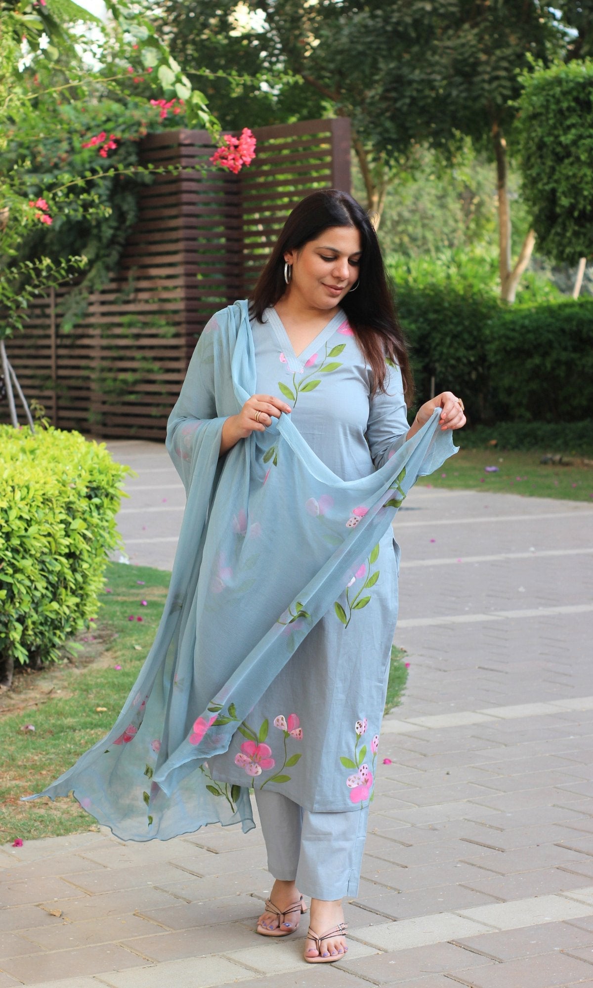 Cotton Carolina Blue Hand Painted suit with Chiffon Hand Painted Dupatta - Baareeki