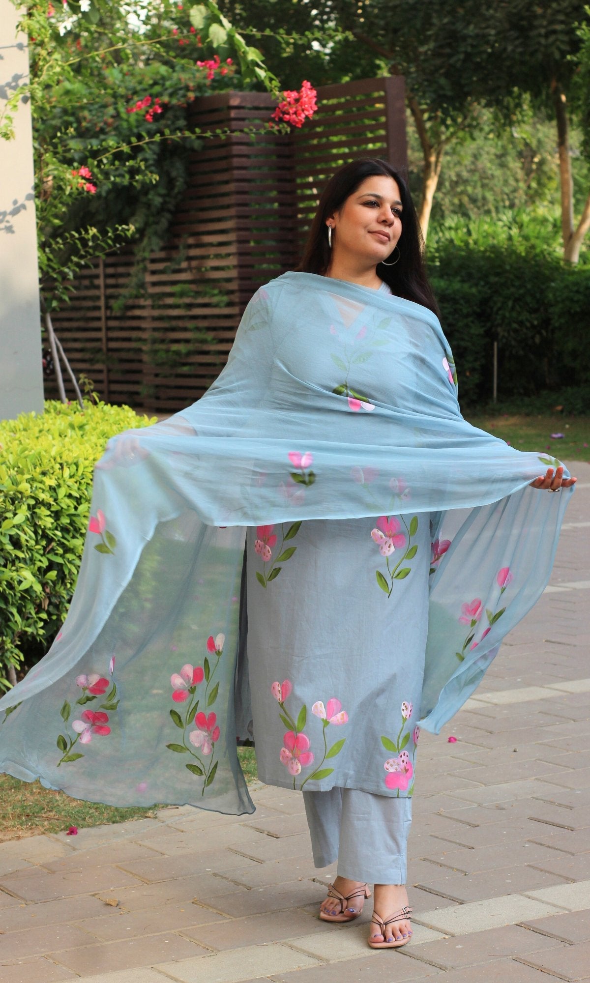 Cotton Carolina Blue Hand Painted suit with Chiffon Hand Painted Dupatta - Baareeki