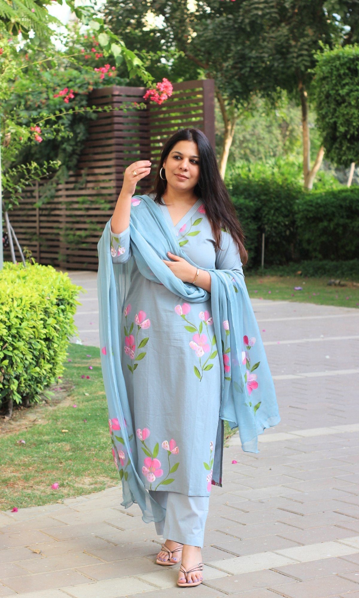 Cotton Carolina Blue Hand Painted suit with Chiffon Hand Painted Dupatta - Baareeki