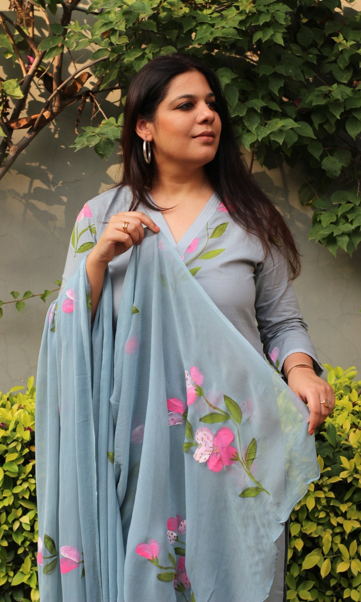 Cotton Carolina Blue Hand Painted suit with Chiffon Hand Painted Dupatta - Baareeki