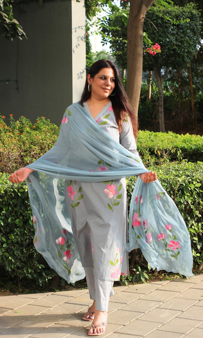 Cotton Carolina Blue Hand Painted suit with Chiffon Hand Painted Dupatta - Baareeki