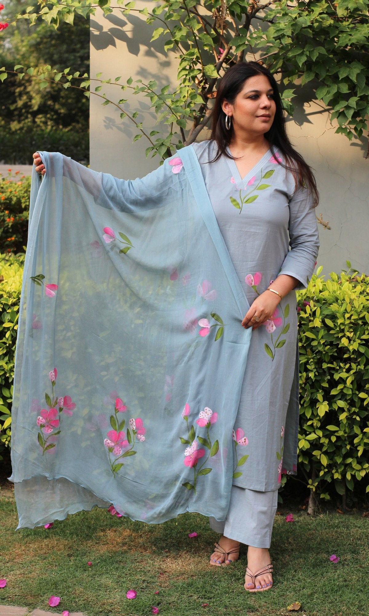 Cotton Carolina Blue Hand Painted suit with Chiffon Hand Painted Dupatta - Baareeki