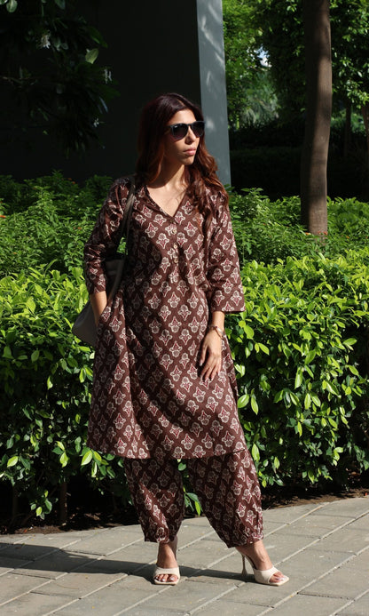 Cotton Chocolate Brown A - Line Kurta with Pathani Pants - Baareeki