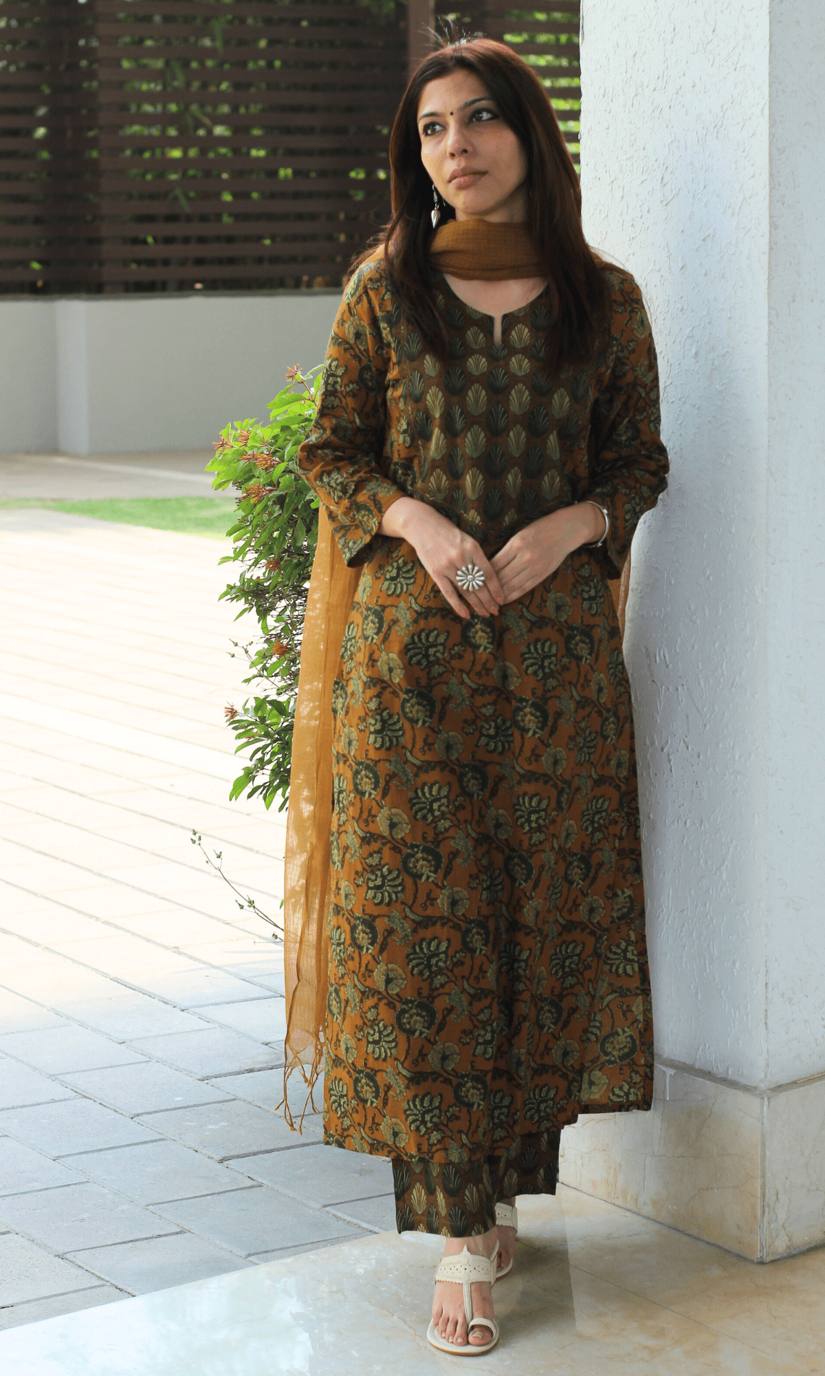 Cotton Copper Ajrakh Print Suit with Kota Doria Dupatta - Baareeki