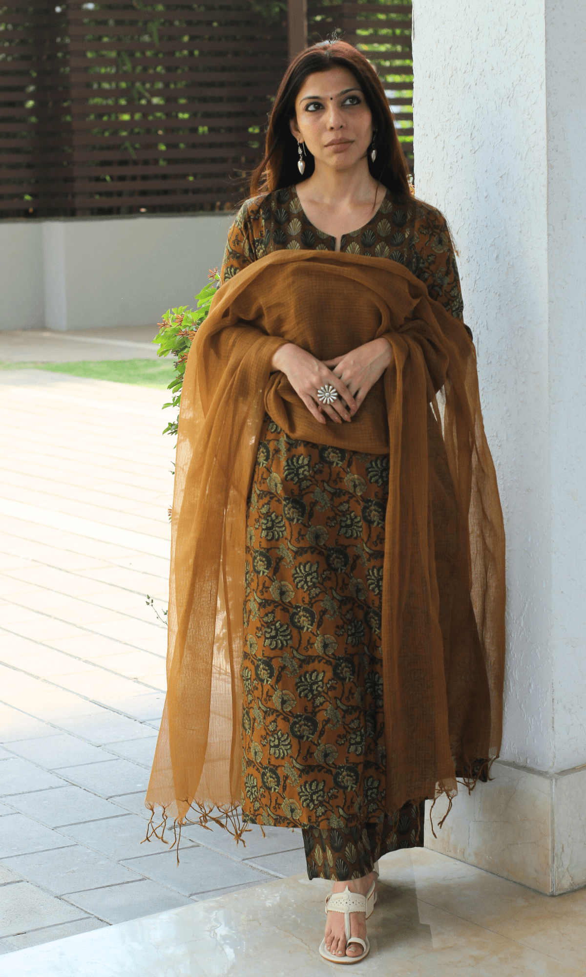 Cotton Copper Ajrakh Print Suit with Kota Doria Dupatta - Baareeki