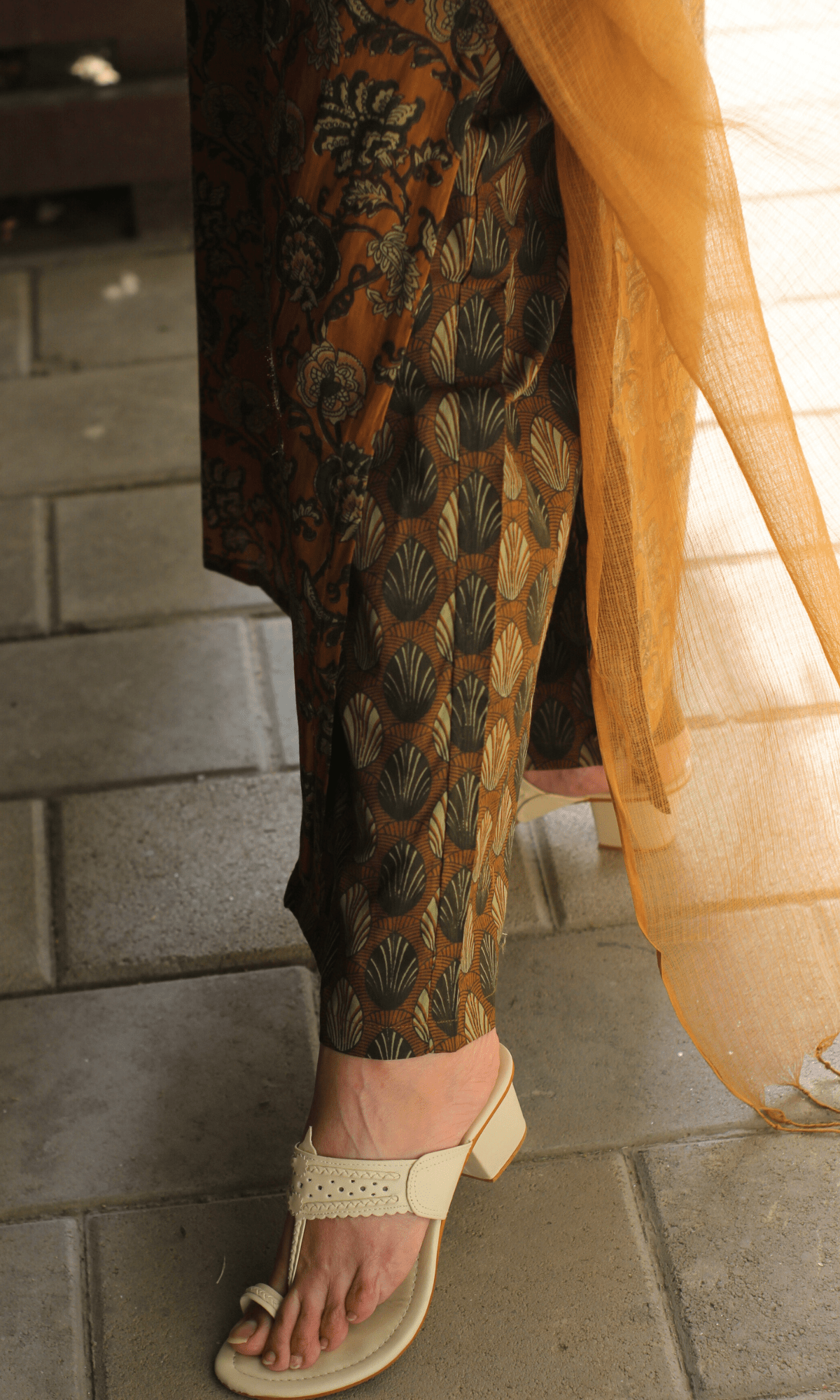 Cotton Copper Ajrakh Print Suit with Kota Doria Dupatta - Baareeki