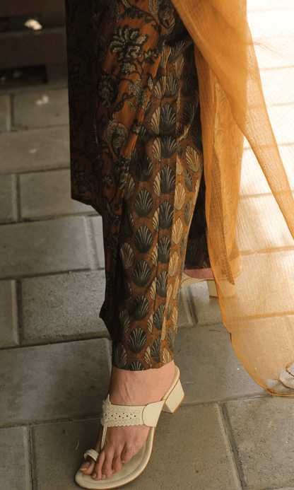 Cotton Copper Ajrakh Print Suit with Kota Doria Dupatta - Baareeki