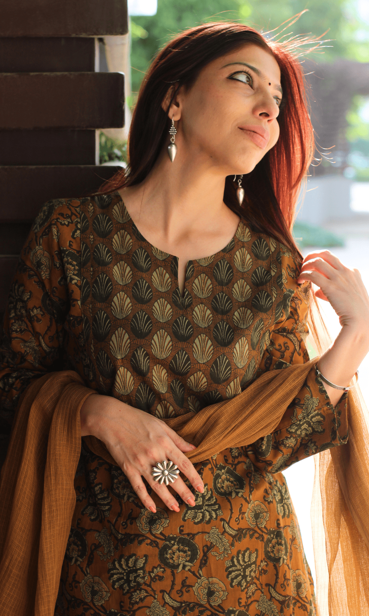 Cotton Copper Ajrakh Print Suit with Kota Doria Dupatta - Baareeki