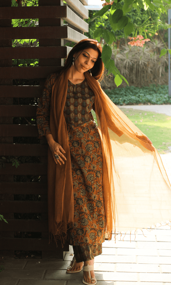 Cotton Copper Ajrakh Print Suit with Kota Doria Dupatta - Baareeki