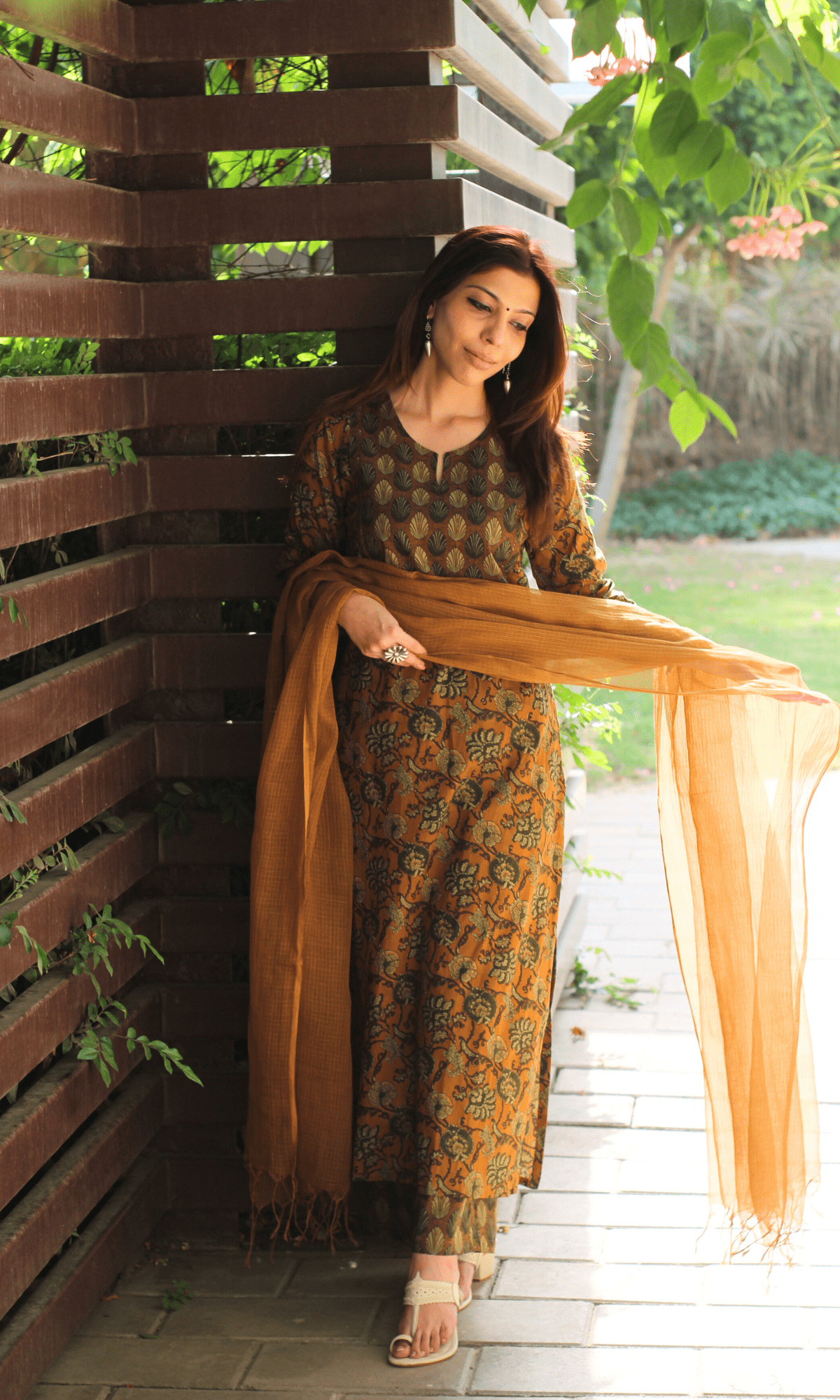 Cotton Copper Ajrakh Print Suit with Kota Doria Dupatta - Baareeki