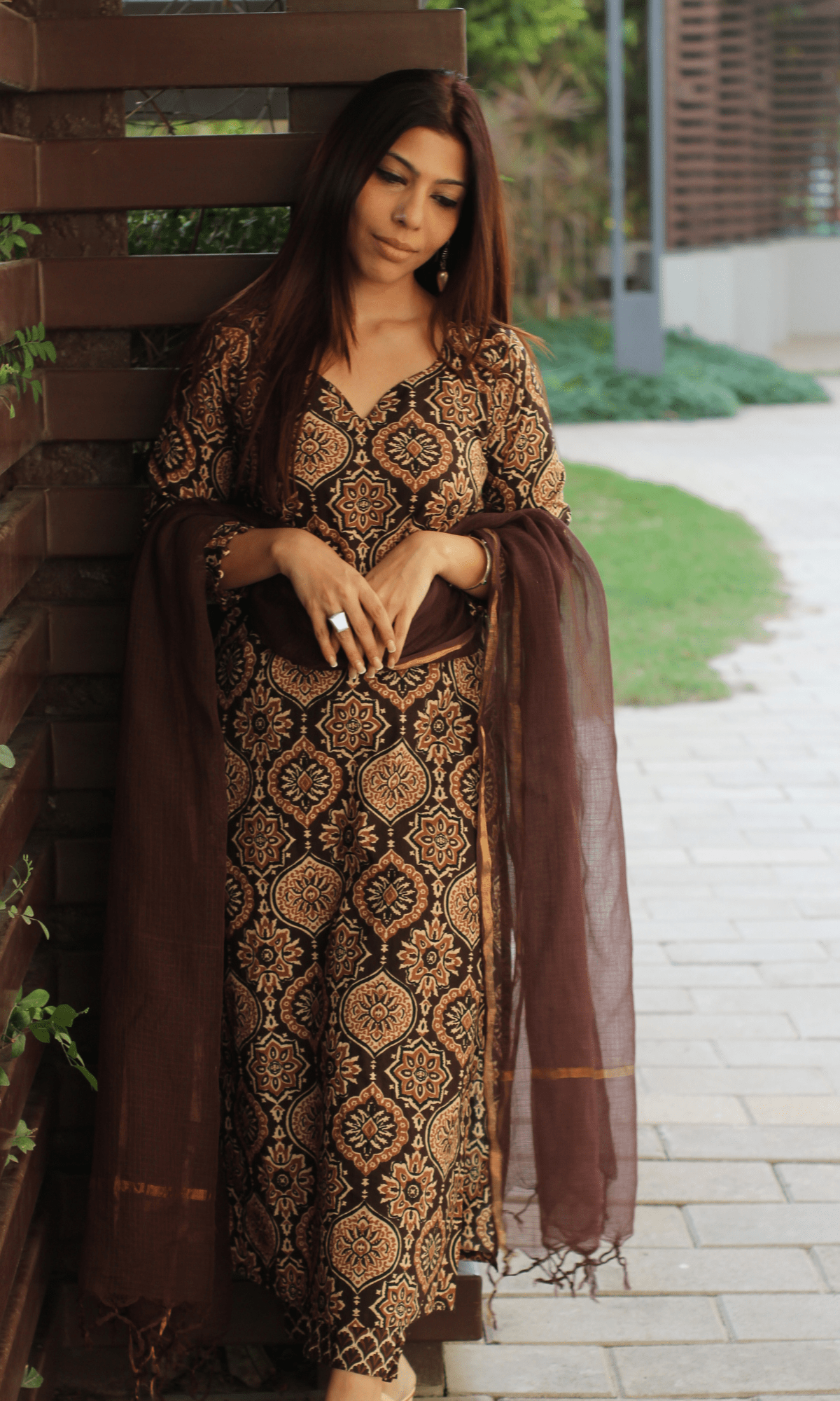 Cotton Dark Brown Ajrakh Print Suit with Kota Doria Dupatta - Baareeki