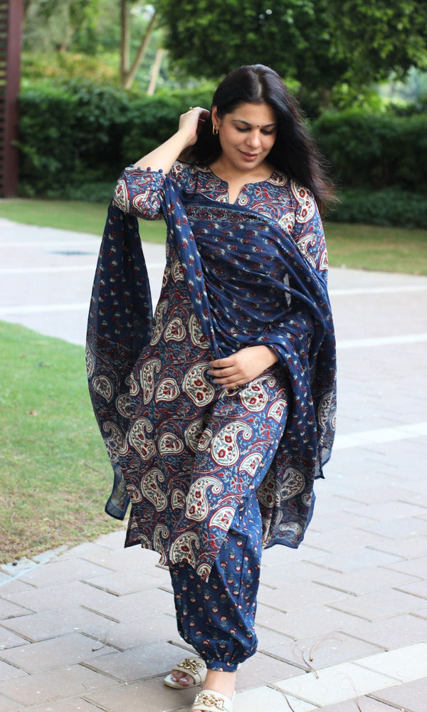 Cotton Deep Blue Kalamkari Suit Set with Afgani Pants and Cotton Printed Dupatta - Baareeki