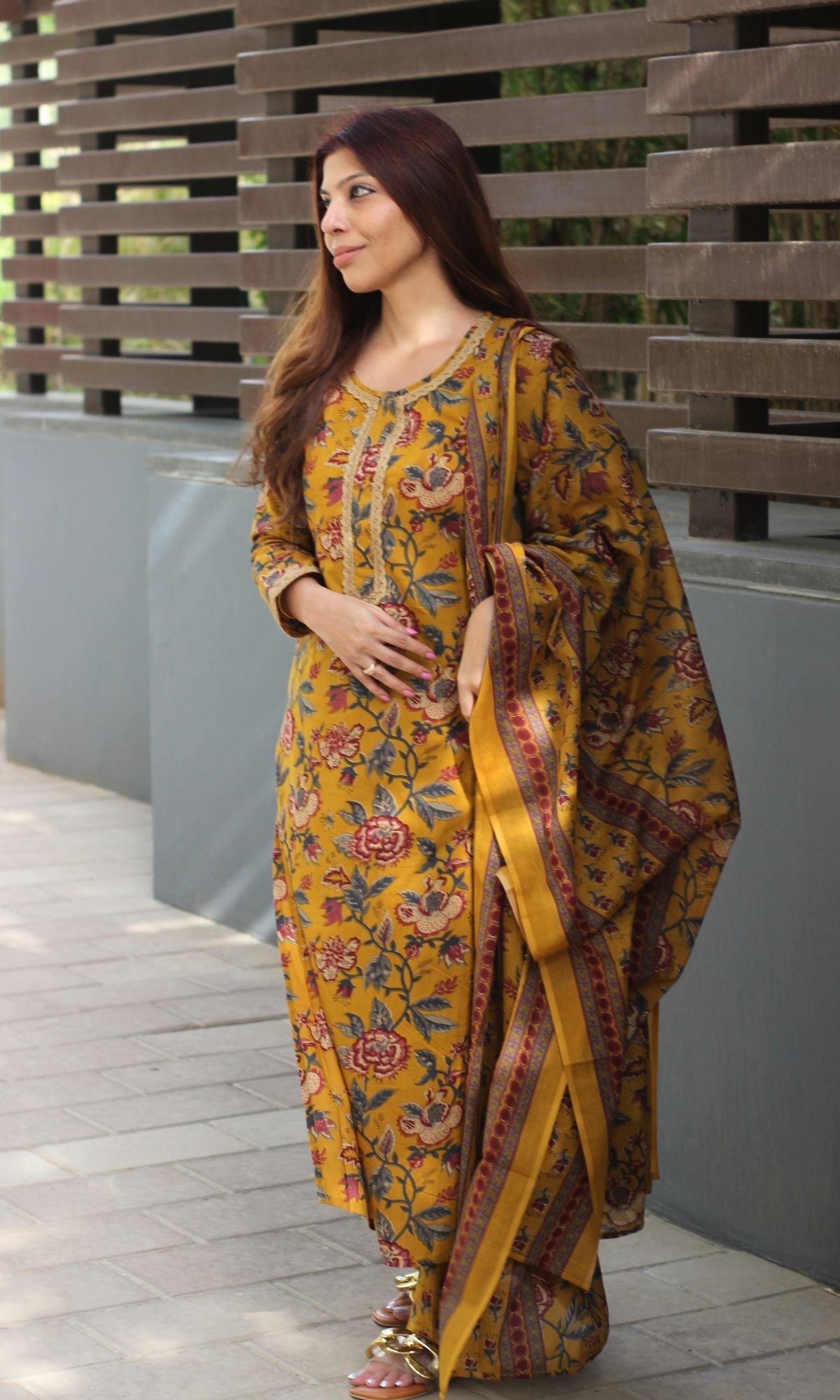 Cotton Deep Yellow Printed Suit Set with Printed Cotton Dupatta - Baareeki