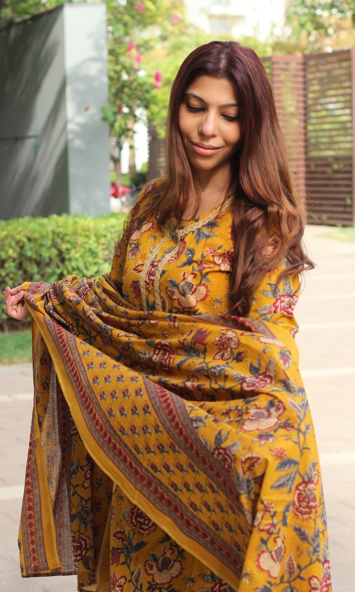 Cotton Deep Yellow Printed Suit Set with Printed Cotton Dupatta - Baareeki