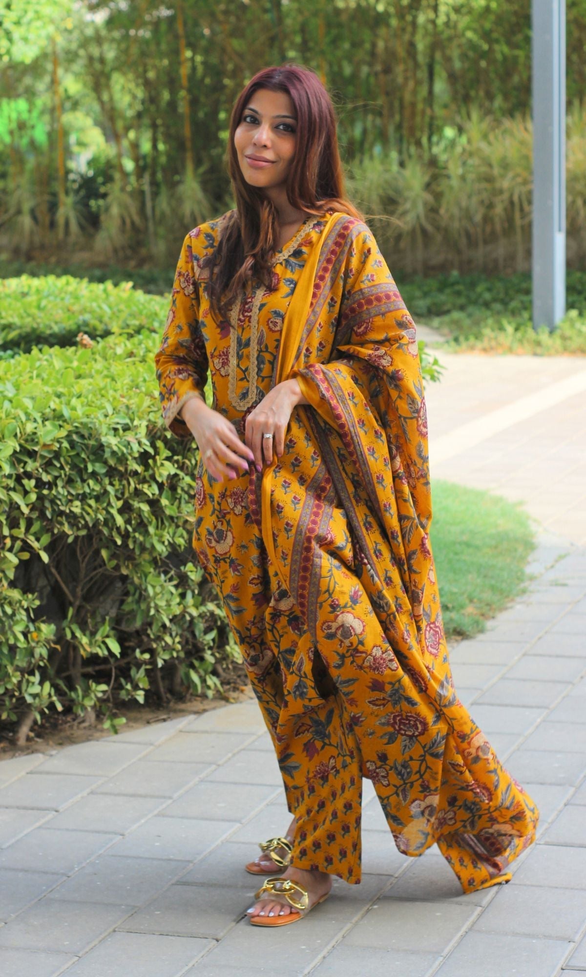 Cotton Deep Yellow Printed Suit Set with Printed Cotton Dupatta - Baareeki