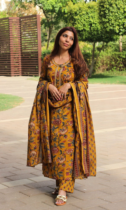 Cotton Deep Yellow Printed Suit Set with Printed Cotton Dupatta - Baareeki