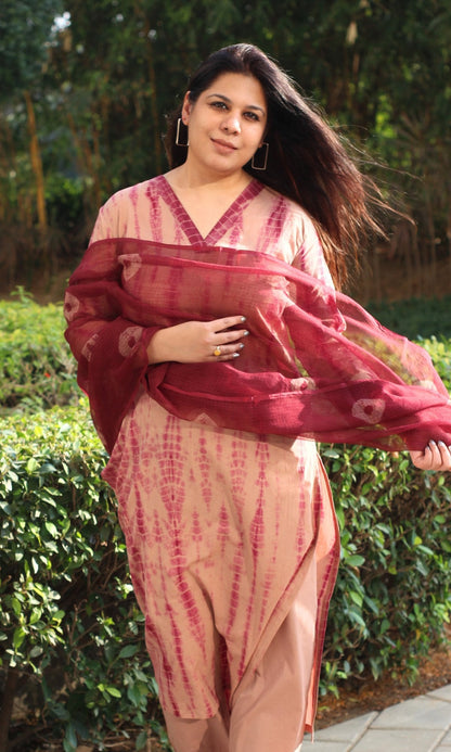 Cotton Dusty Pink Tie & Dye Suit with Kota Doria Dupatta - Baareeki