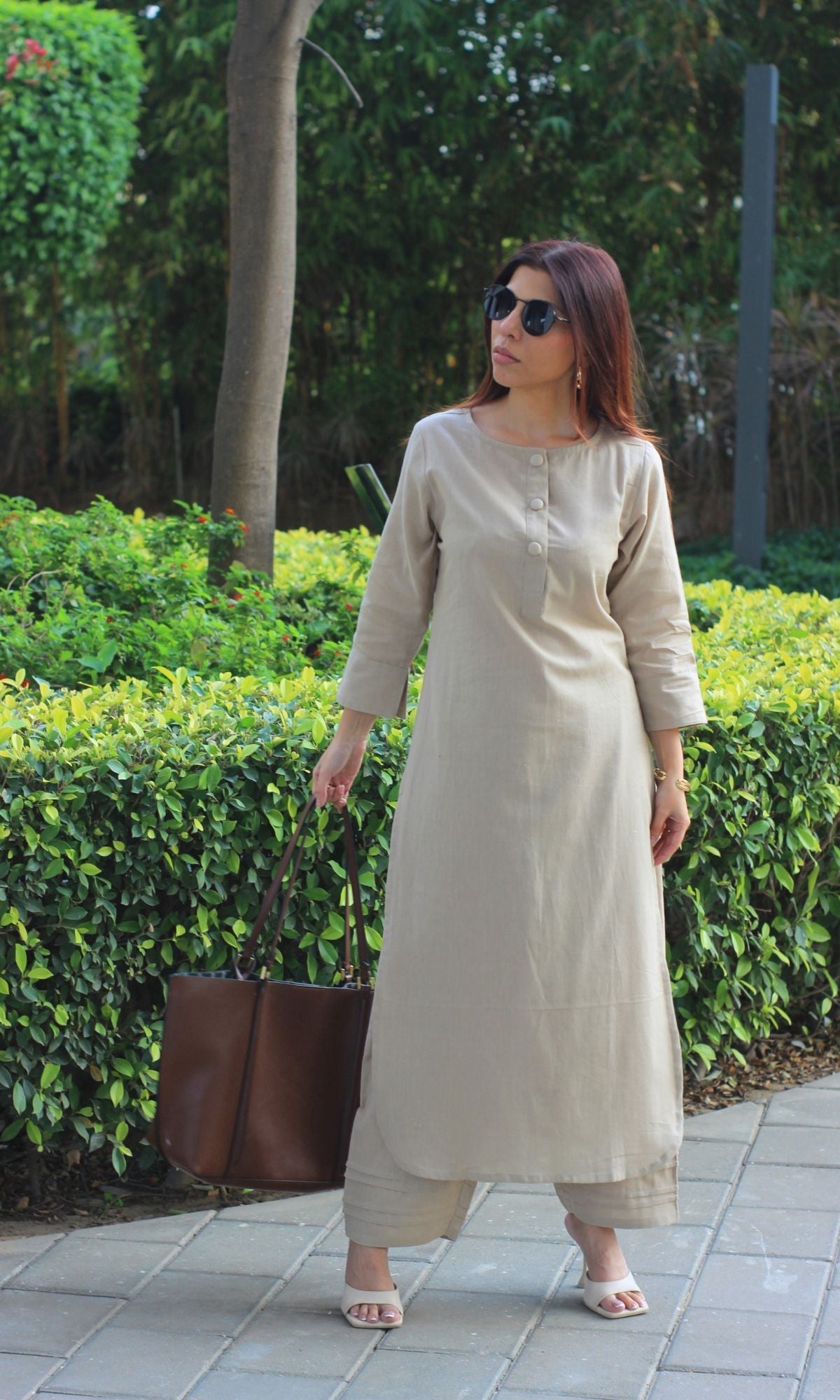 Cotton Flex Solid Beige Buttoned Kurta with Pants - Baareeki