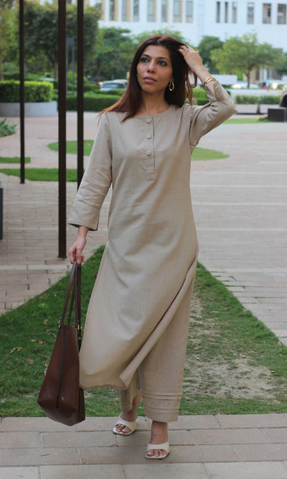 Cotton Flex Solid Beige Buttoned Kurta with Pants - Baareeki