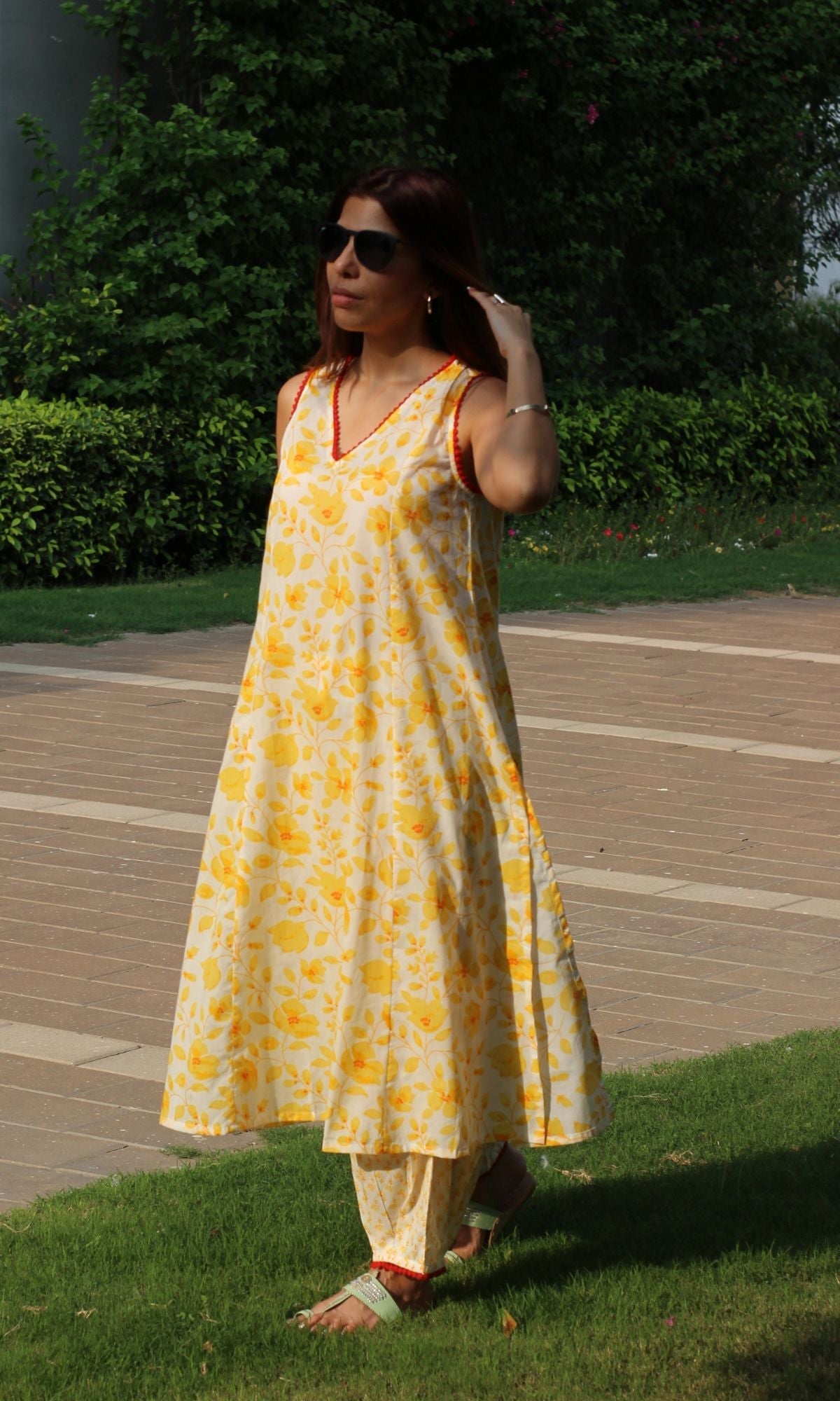 Cotton Flowery Yellow A - line Kurta with Pleated Pants - Baareeki