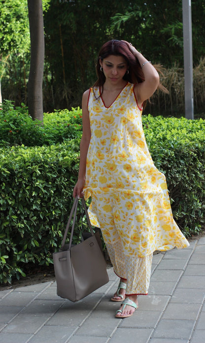 Cotton Flowery Yellow A - line Kurta with Pleated Pants - Baareeki