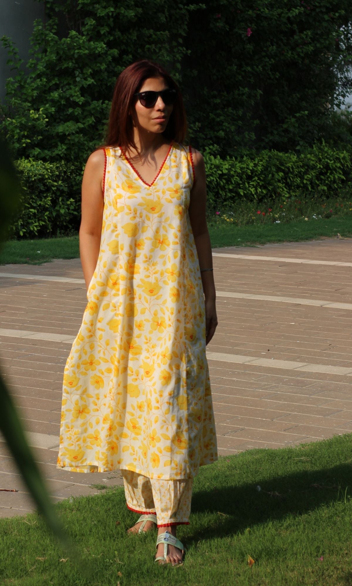 Cotton Flowery Yellow A - line Kurta with Pleated Pants - Baareeki