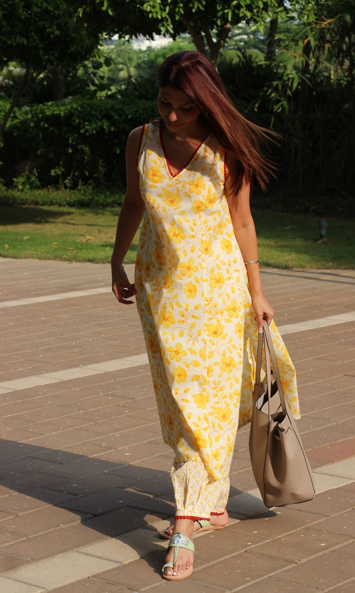 Cotton Flowery Yellow A - line Kurta with Pleated Pants - Baareeki