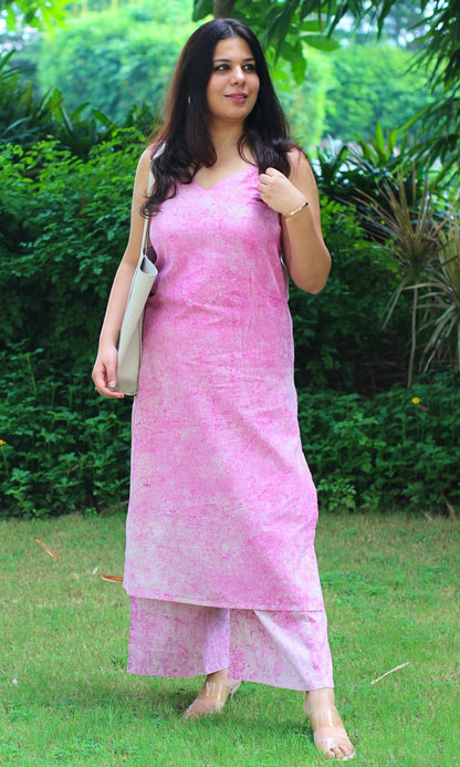 Cotton Gradient Handprinted Pink Coord Set - Baareeki