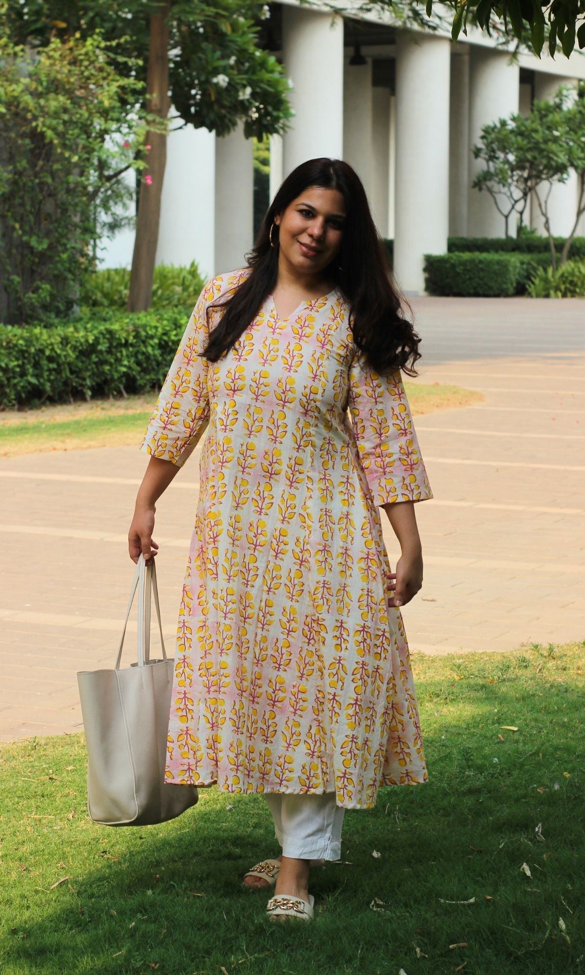 Cotton Gradient Yellow and Pink Printed Kali Kurta - Baareeki