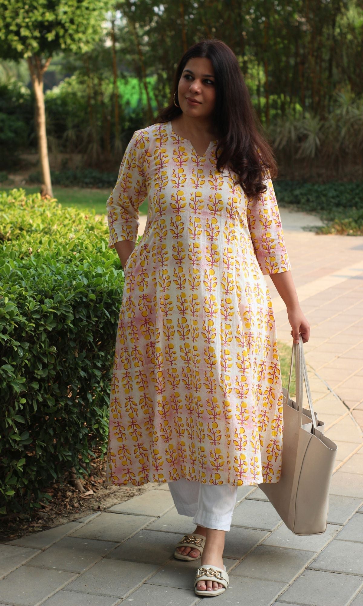 Cotton Gradient Yellow and Pink Printed Kali Kurta - Baareeki