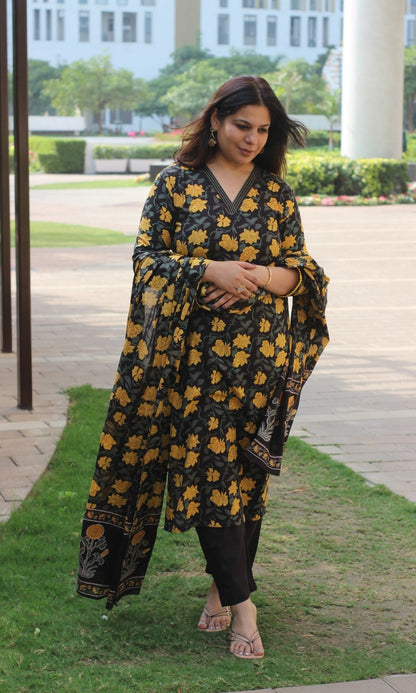 Cotton Green & Yellow Jahota Print Suit with Cotton Printed Dupatta - Baareeki