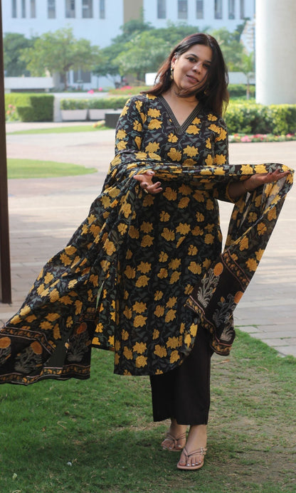 Cotton Green & Yellow Jahota Print Suit with Cotton Printed Dupatta - Baareeki