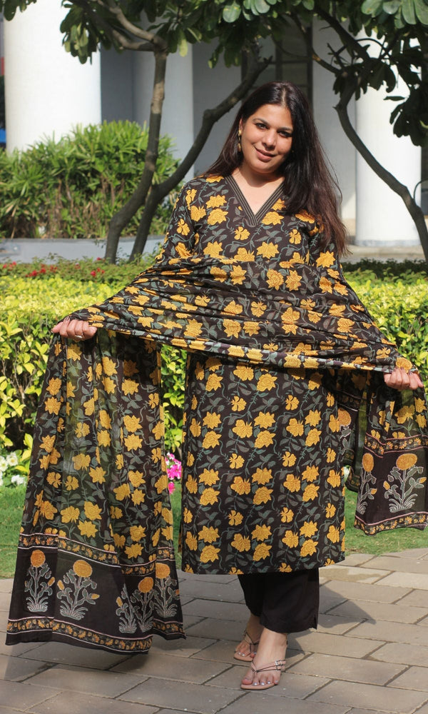 Cotton Green & Yellow Jahota Print Suit with Cotton Printed Dupatta - Baareeki