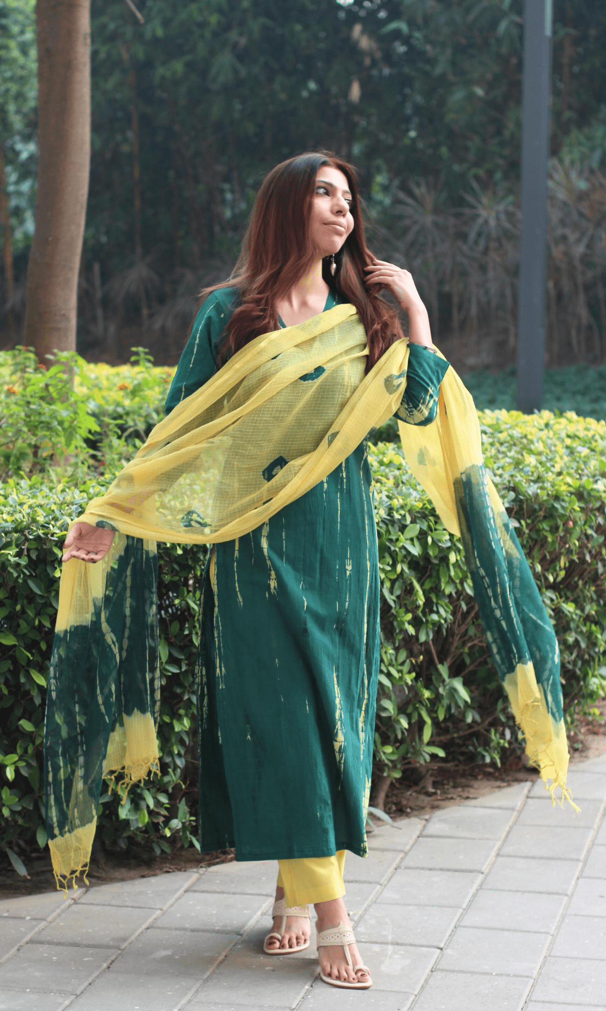 Cotton Green & Yellow Tie & Dye Suit with Kota Doria Dupatta - Baareeki